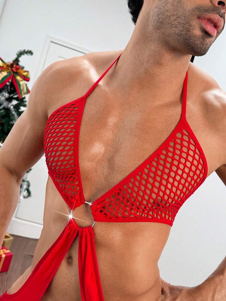 Men’s Christmas Red Mesh Festival Outfit – Minimal Cover Party Wear