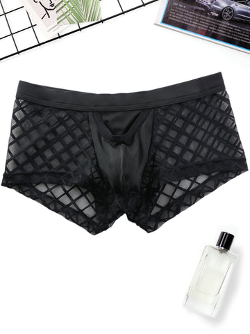 Men's black low-rise plaid mesh panel boxer brief with semi-sheer fabric and high-stretch fit