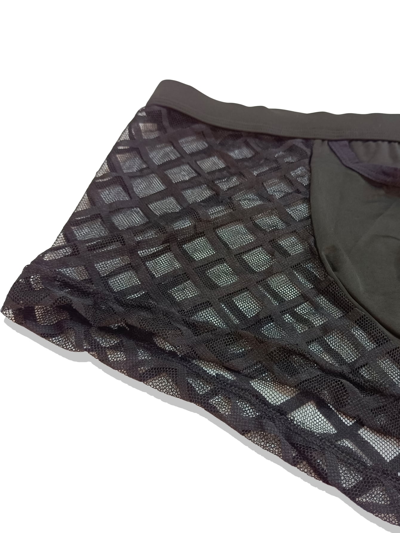 Men's black low-rise plaid mesh panel boxer brief with semi-sheer fabric and high-stretch fit