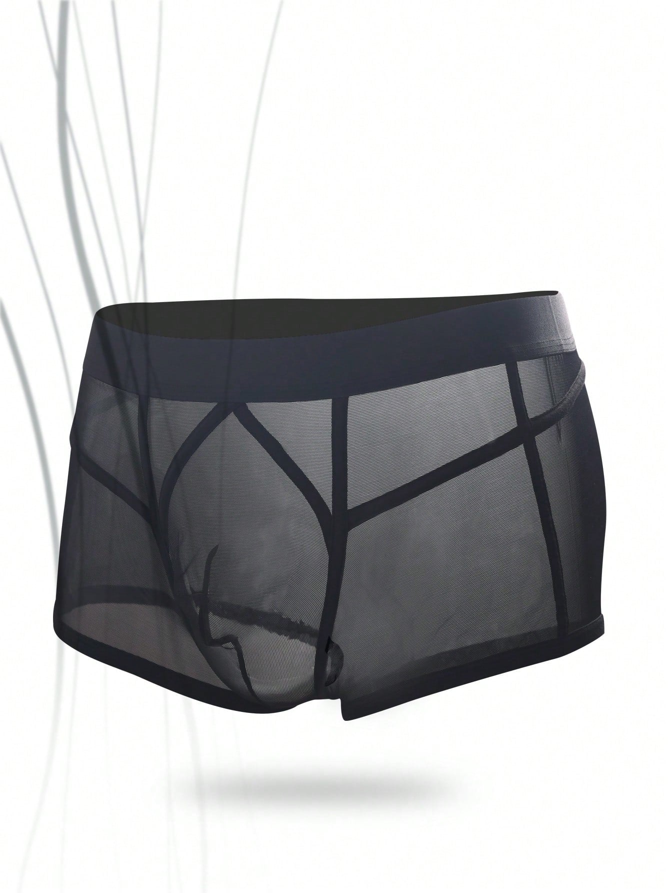 Men's black mid-rise sheer contrast mesh underwear with plain design and medium stretch fabric