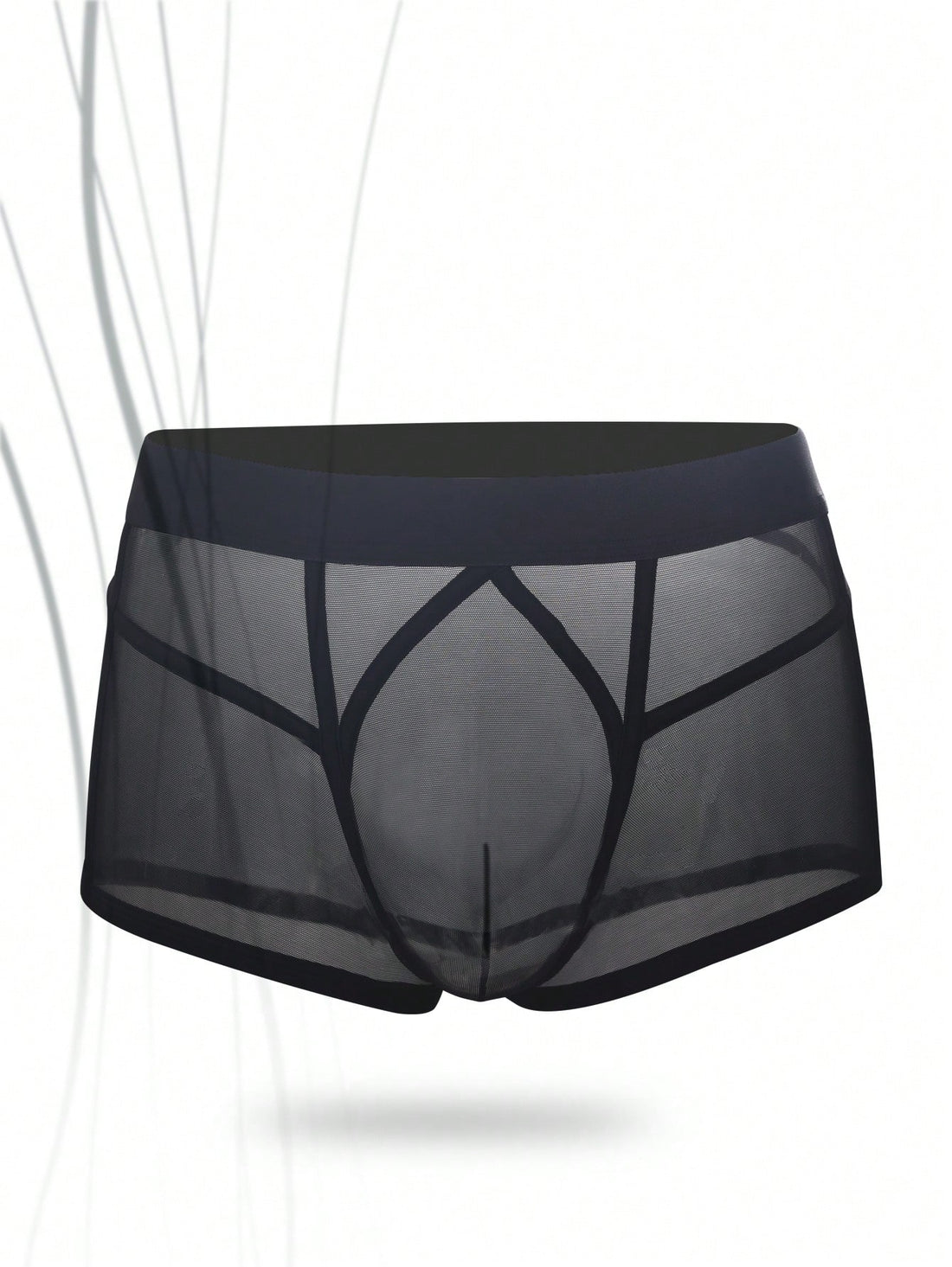 Men's black mid-rise sheer contrast mesh underwear with plain design and medium stretch fabric