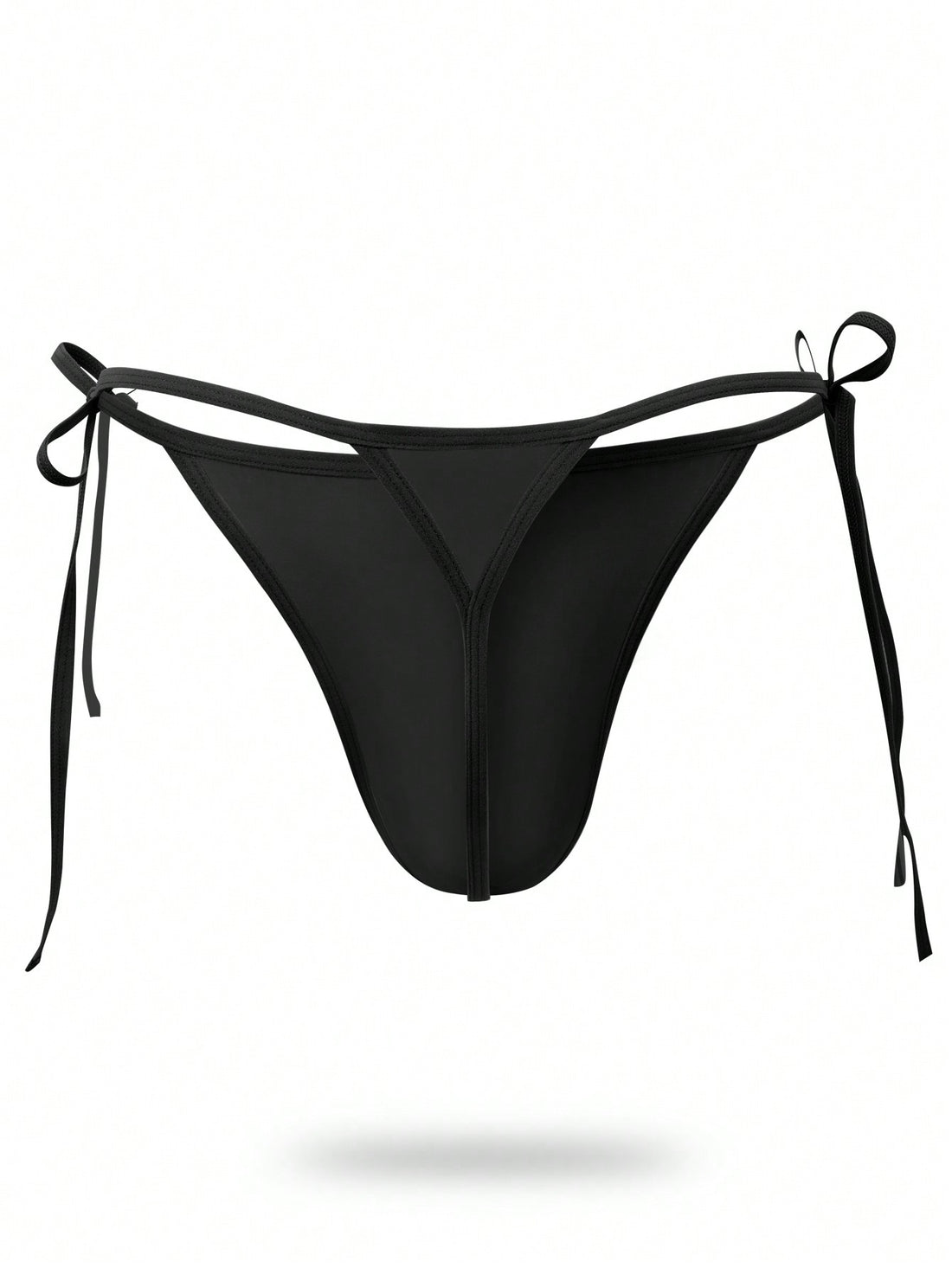 Men's plain black knitted thong underwear with knot detail and low-rise design