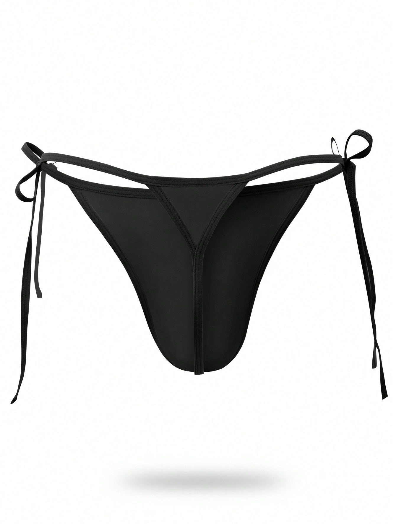Men's plain black knitted thong underwear with knot detail and low-rise design
