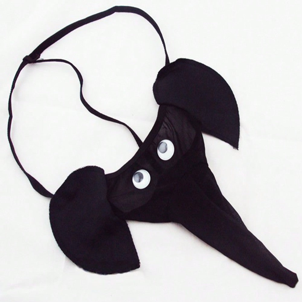 Men's elephant cartoon thong underwear with bow detail, leopard print, mid-rise fit, and semi-sheer fabric for novelty cosplay, party, festival, or Halloween wear.