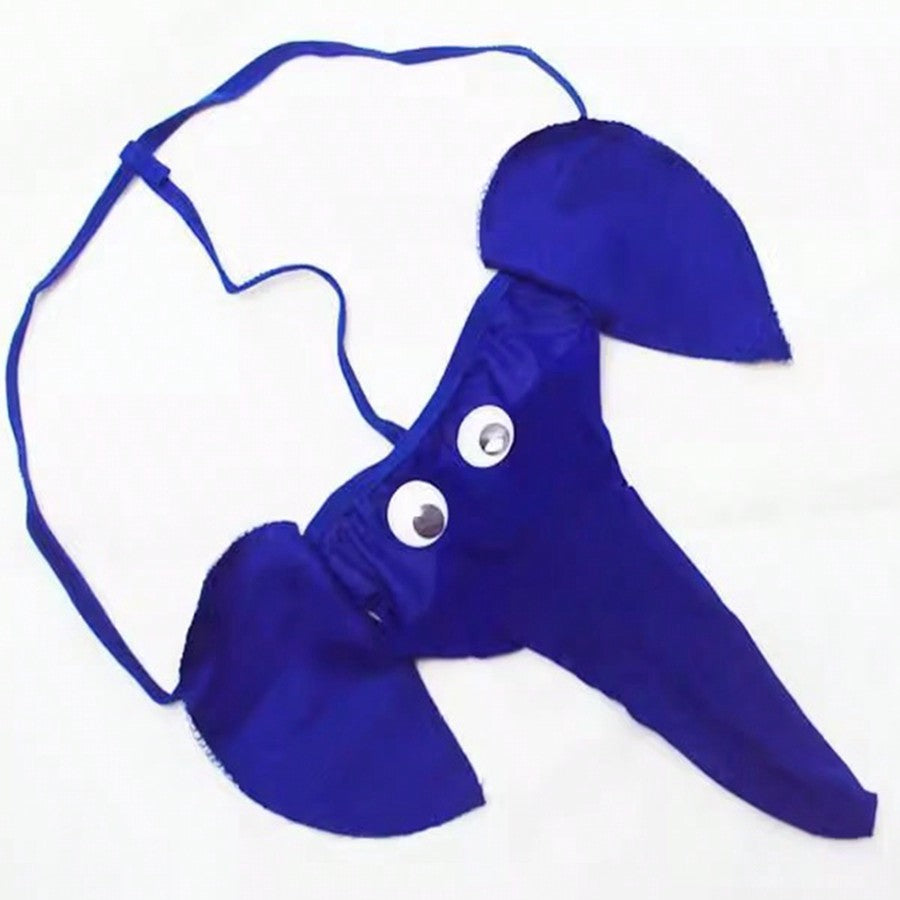 Men's elephant cartoon thong underwear with bow detail, leopard print, mid-rise fit, and semi-sheer fabric for novelty cosplay, party, festival, or Halloween wear.
