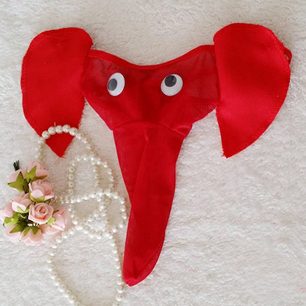 Men's elephant cartoon thong underwear with bow detail, leopard print, mid-rise fit, and semi-sheer fabric for novelty cosplay, party, festival, or Halloween wear.