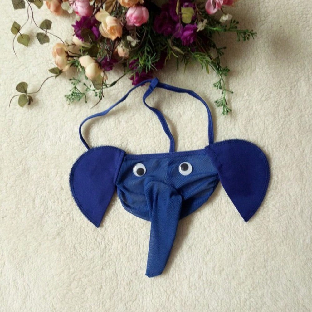 Men's elephant cartoon thong underwear with bow detail, leopard print, mid-rise fit, and semi-sheer fabric for novelty cosplay, party, festival, or Halloween wear.