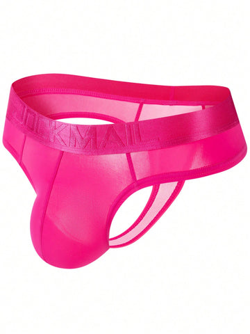 Men's hot pink low-rise letter graphic cut-out jockstrap underwear in a sporty style