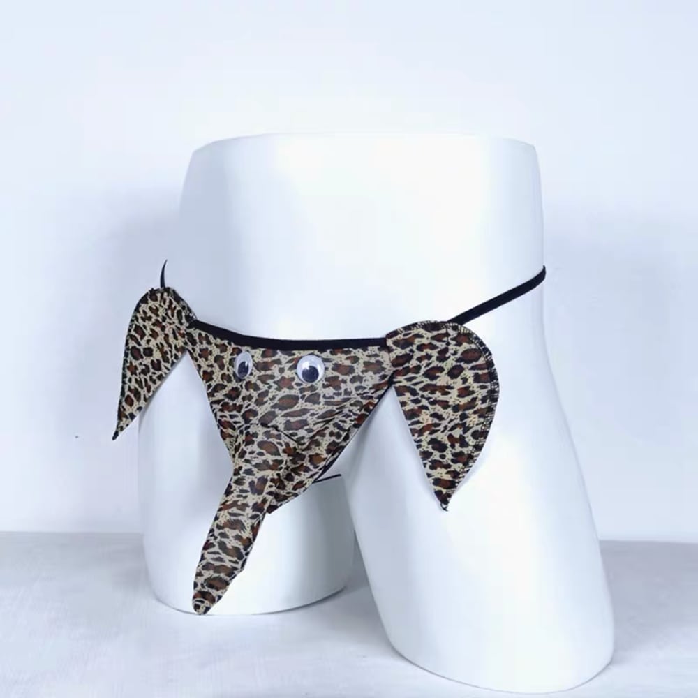Men's elephant cartoon thong underwear with bow detail, leopard print, mid-rise fit, and semi-sheer fabric for novelty cosplay, party, festival, or Halloween wear.