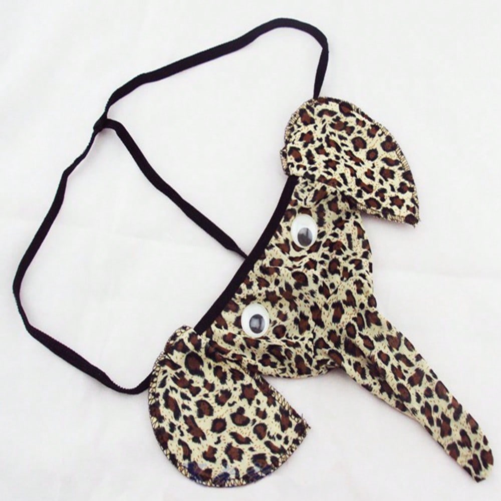 Men's elephant cartoon thong underwear with bow detail, leopard print, mid-rise fit, and semi-sheer fabric for novelty cosplay, party, festival, or Halloween wear.