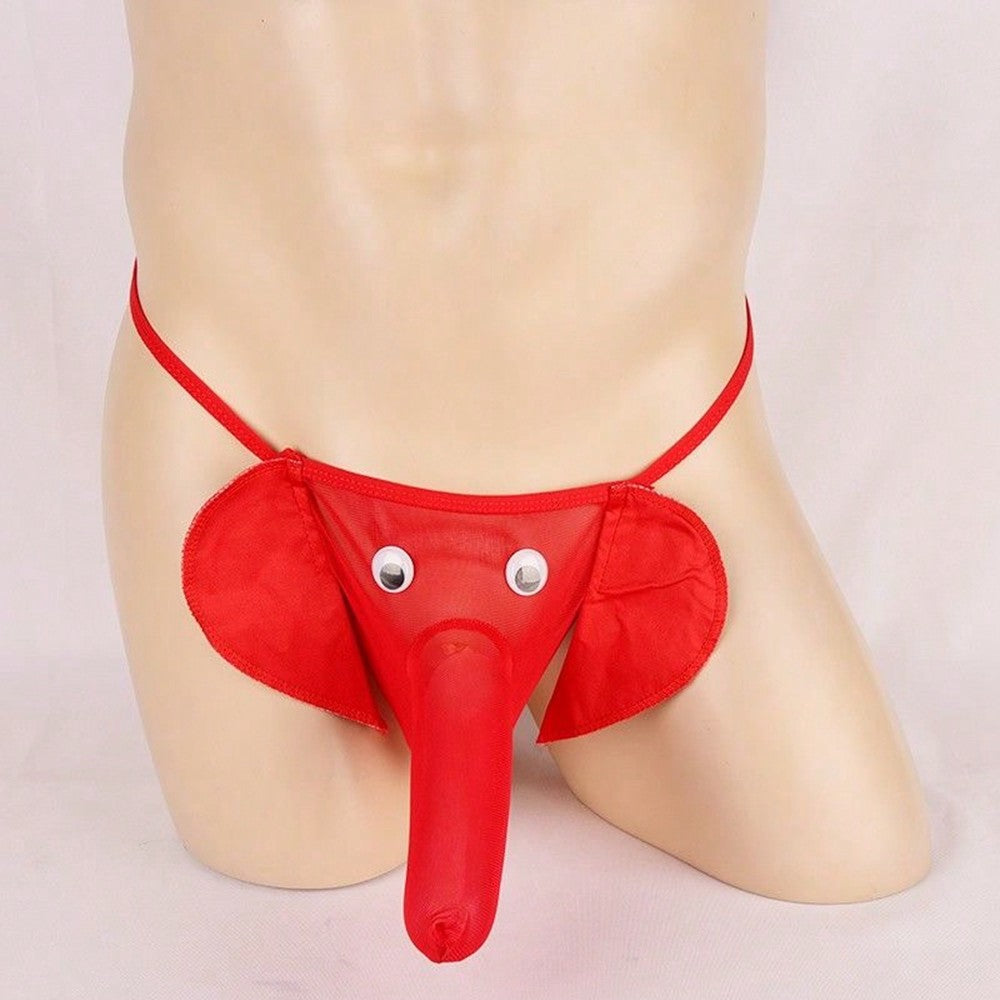 Men's elephant cartoon thong underwear with bow detail, leopard print, mid-rise fit, and semi-sheer fabric for novelty cosplay, party, festival, or Halloween wear.