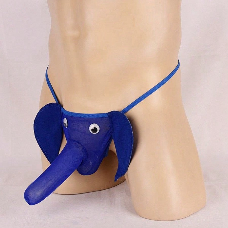 Men's elephant cartoon thong underwear with bow detail, leopard print, mid-rise fit, and semi-sheer fabric for novelty cosplay, party, festival, or Halloween wear.