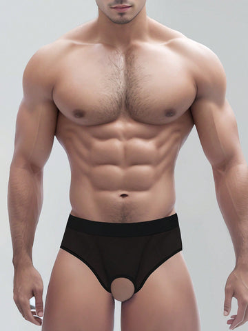 Men's black mesh triangle briefs with mid-rise cut and medium-stretch fabric