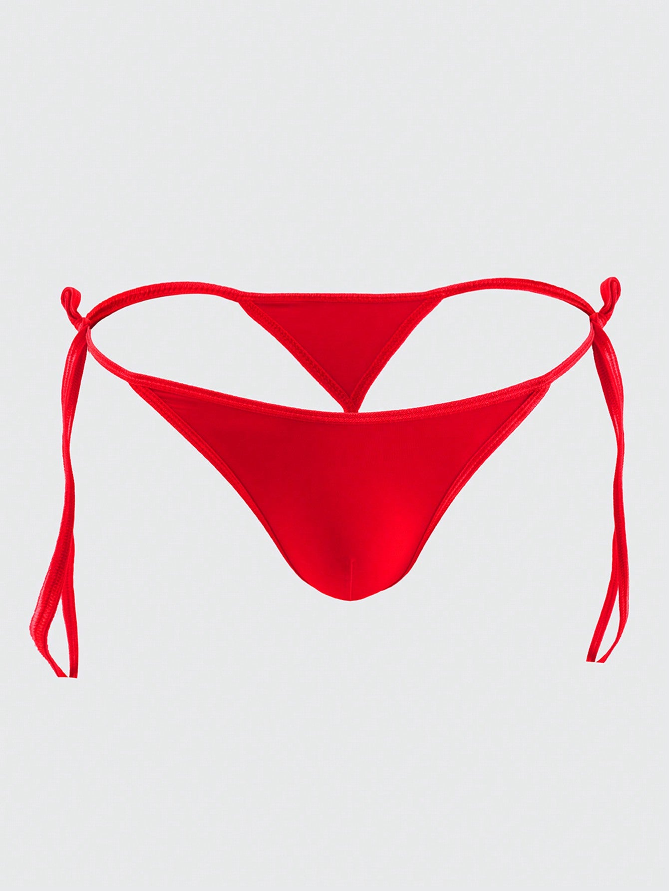 Men's low-rise semi-sheer thong underwear with adjustable lace-up sides and a plain high-stretch knitted fabric design.