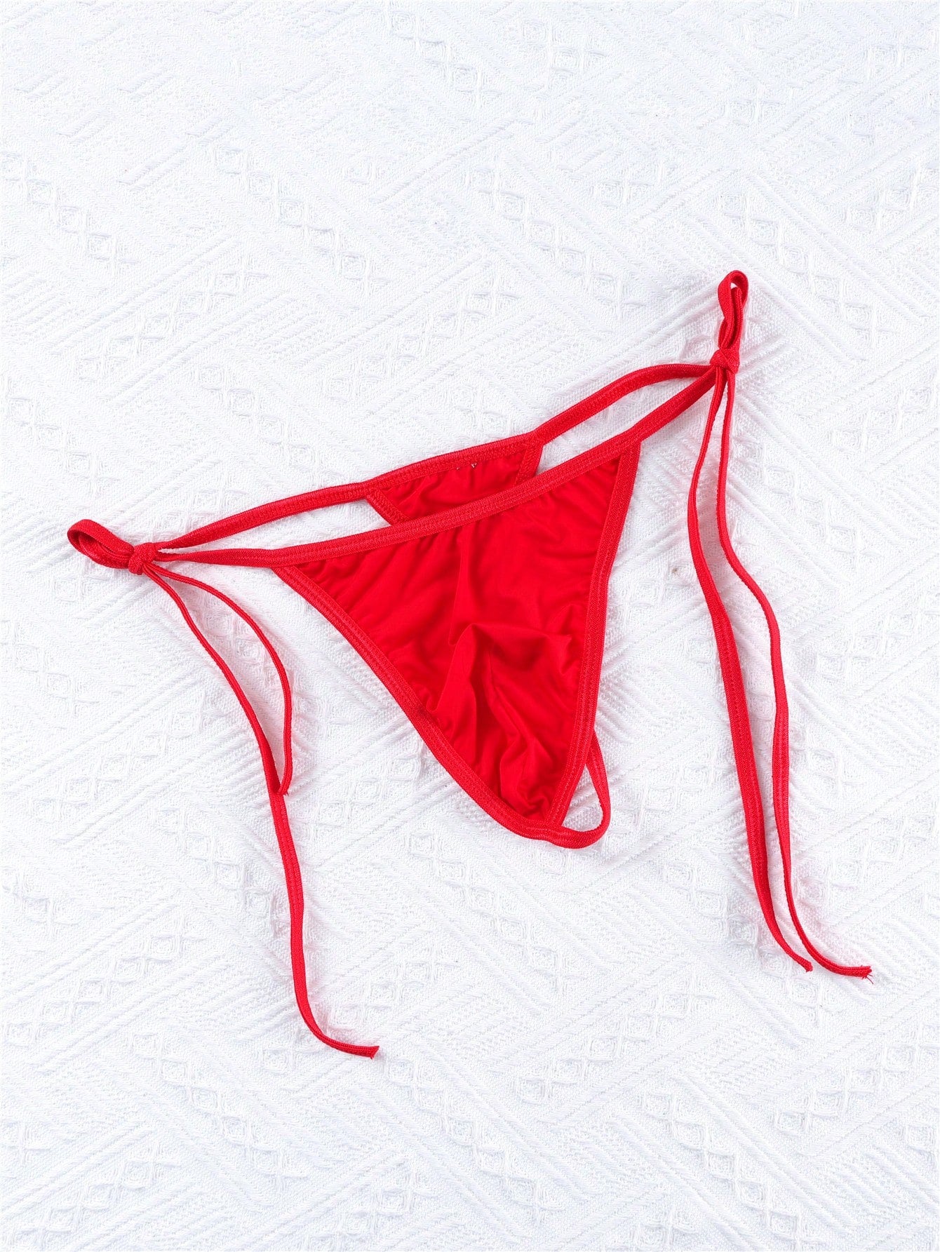 Men's low-rise semi-sheer thong underwear with adjustable lace-up sides and a plain high-stretch knitted fabric design.