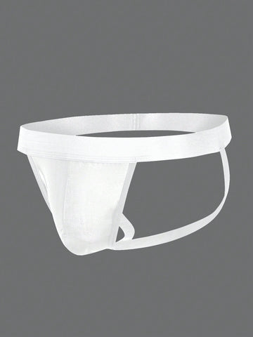 Men's white plain daily G-string underwear with tape detail, mid-rise fit, and minimal jockstrap-style design