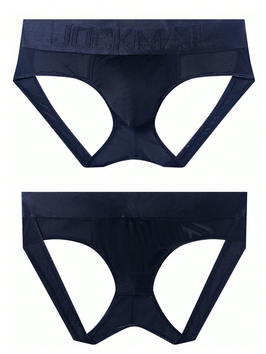 Men's black mesh cut-out low-rise jockstrap briefs with open back design