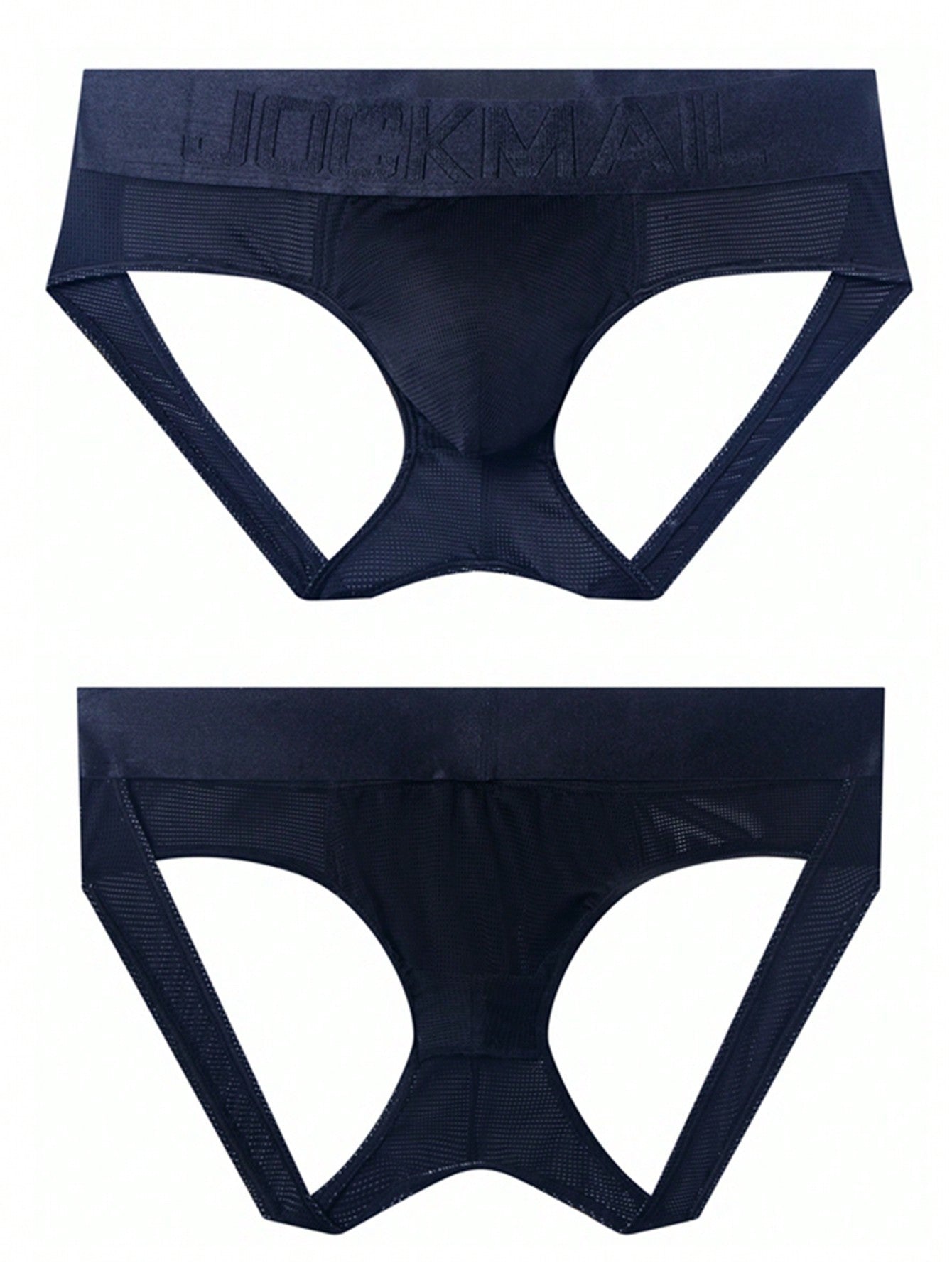 Men's black mesh cut-out low-rise jockstrap briefs with open back design