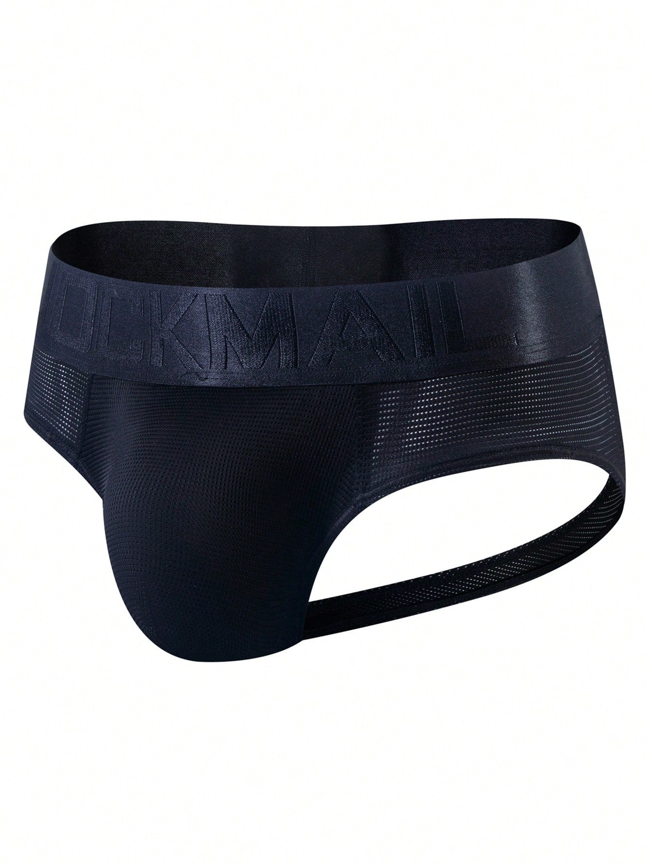 Men's black mesh cut-out low-rise jockstrap briefs with open back design