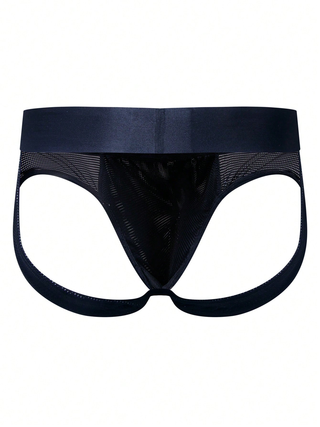 Men's black mesh cut-out low-rise jockstrap briefs with open back design