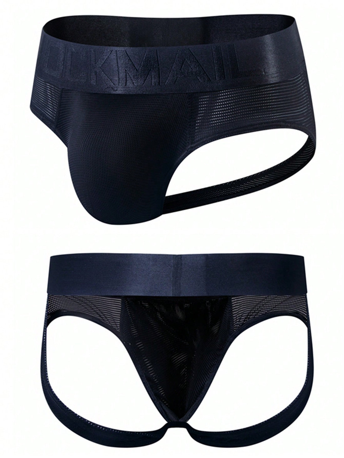 Men's black mesh cut-out low-rise jockstrap briefs with open back design