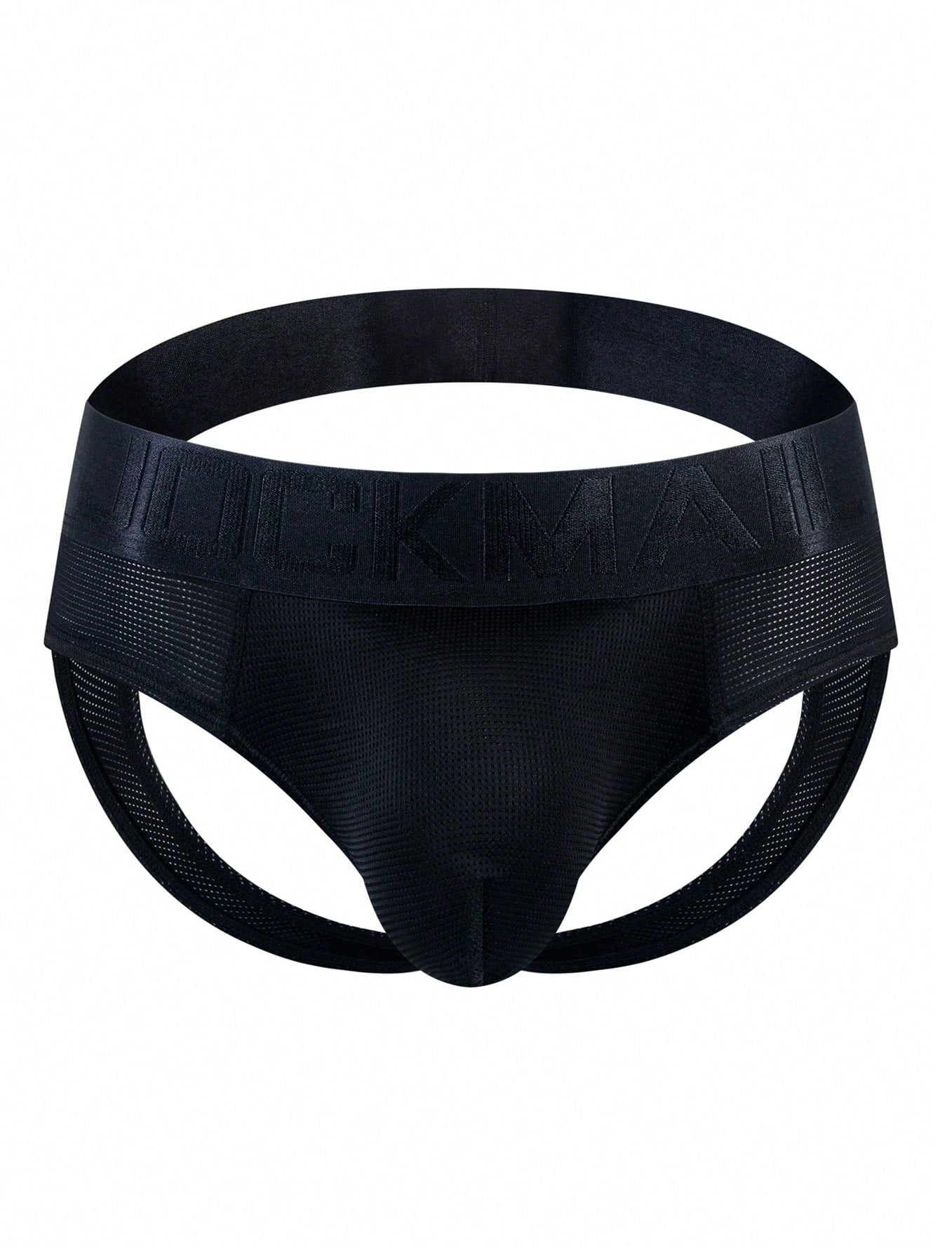 Men's black mesh cut-out low-rise jockstrap briefs with open back design