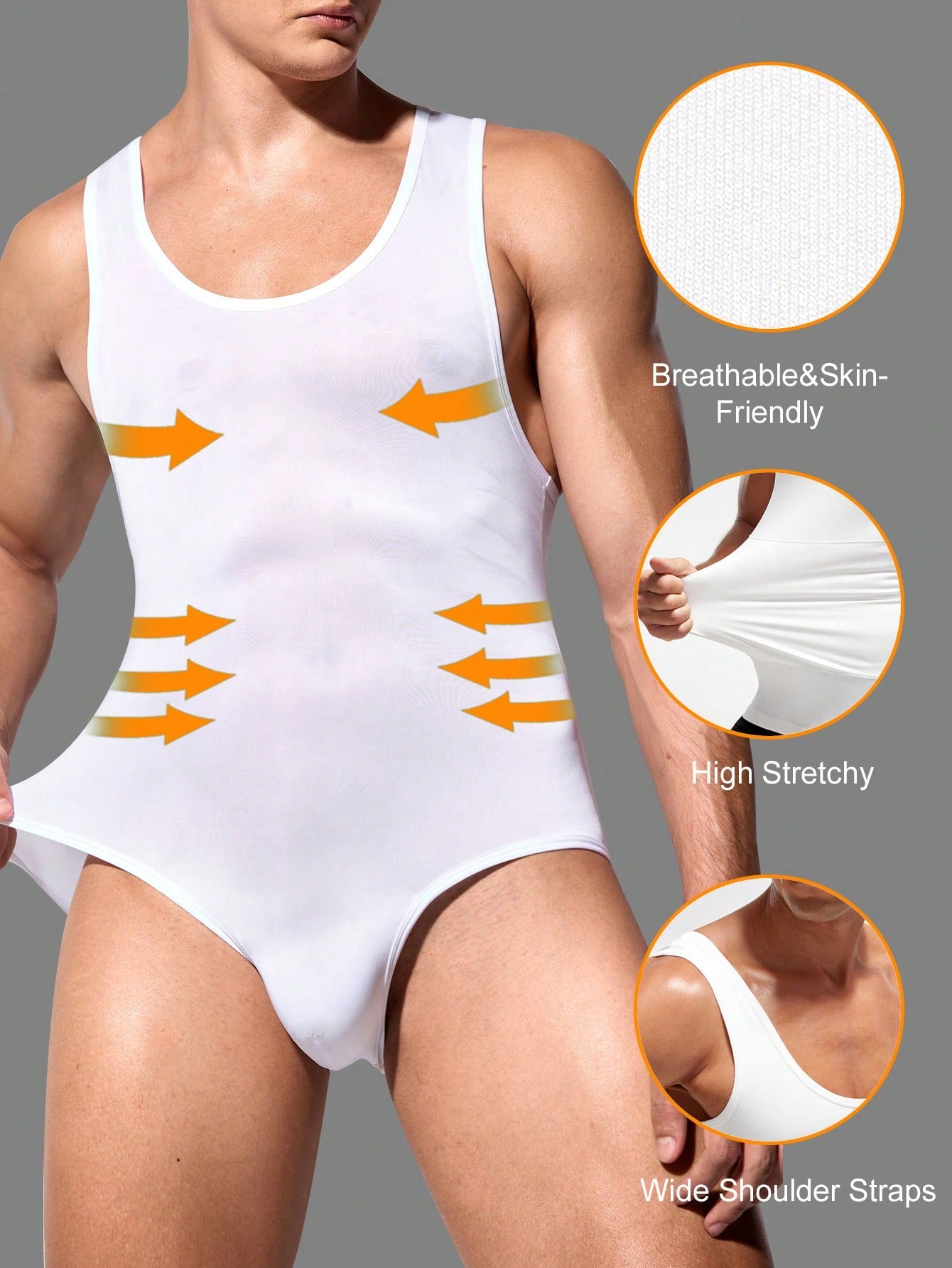 Men's sleeveless shapewear bodysuit with scoop neck, short length, and plain sporty design for medium waist support