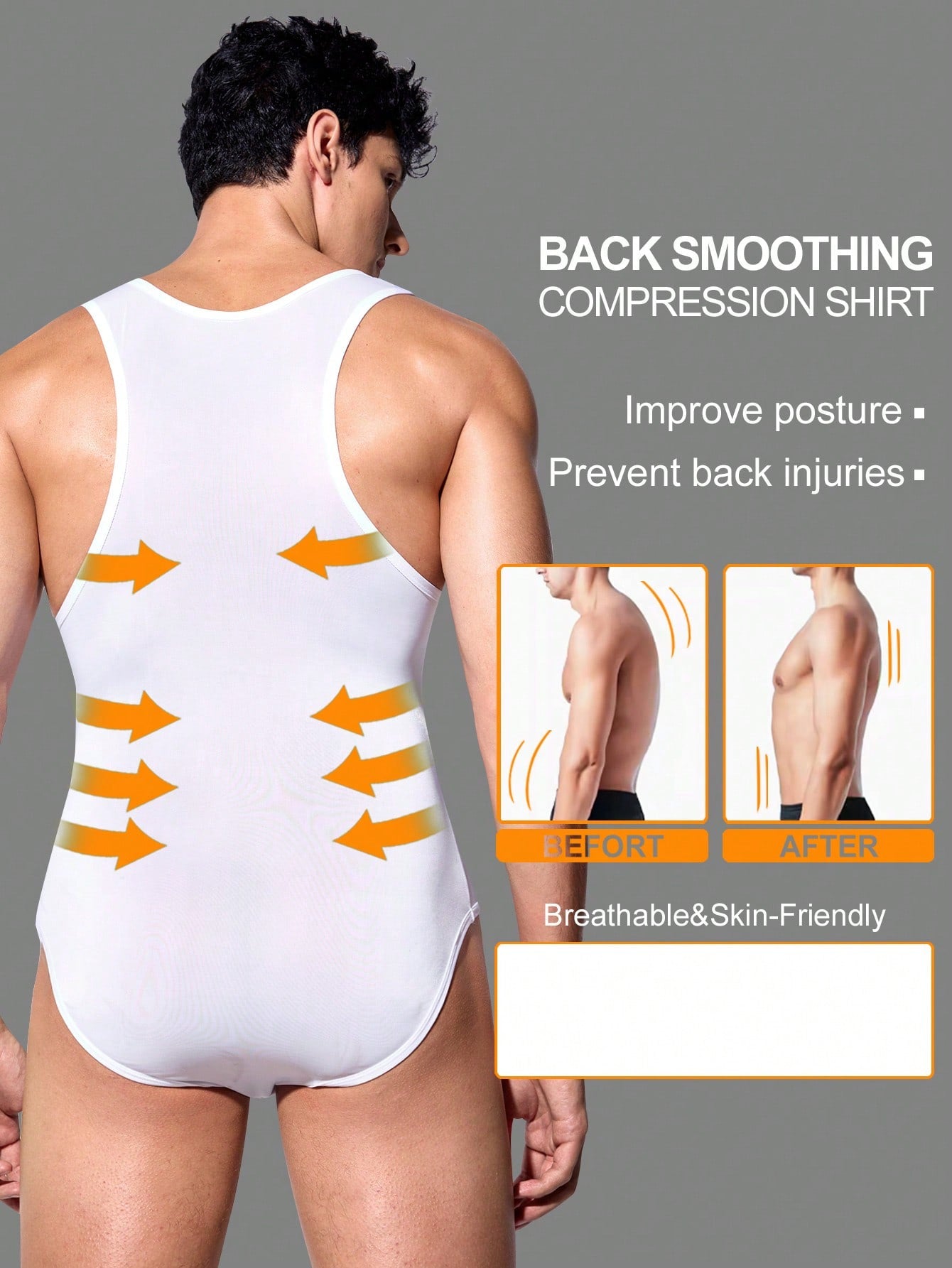 Men's sleeveless shapewear bodysuit with scoop neck, short length, and plain sporty design for medium waist support