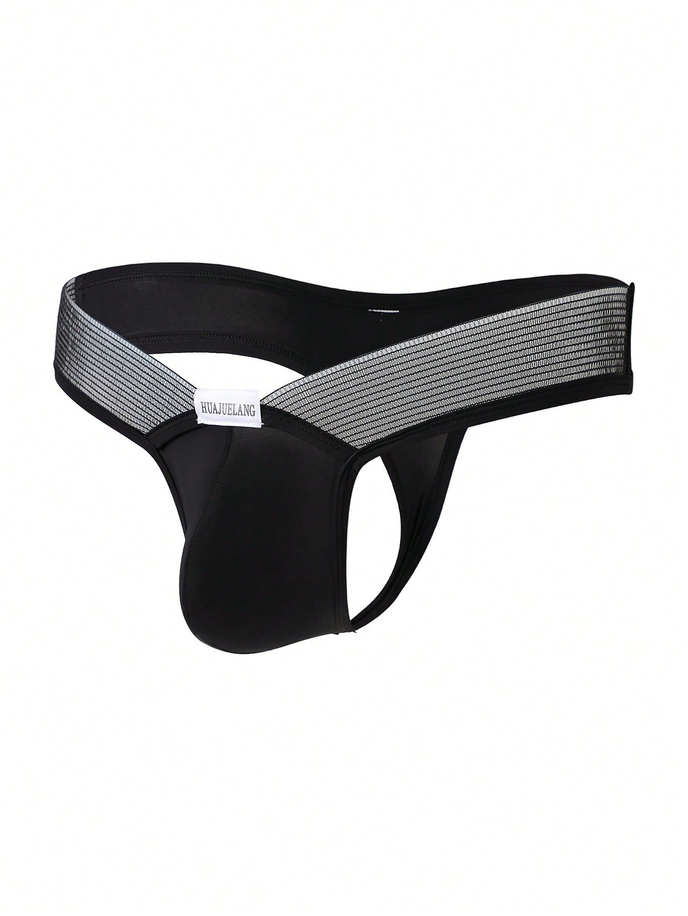 Men's black low-rise mesh T-back thong briefs with colorblock pattern and patched details