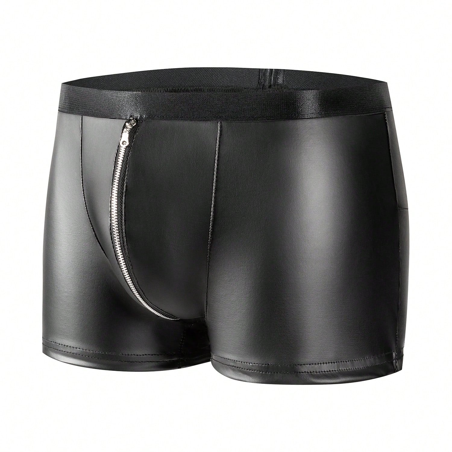 Men's black PU boxer shorts with zipper fly pouch and slight stretch, non-sheer underwear for parties and festival wear