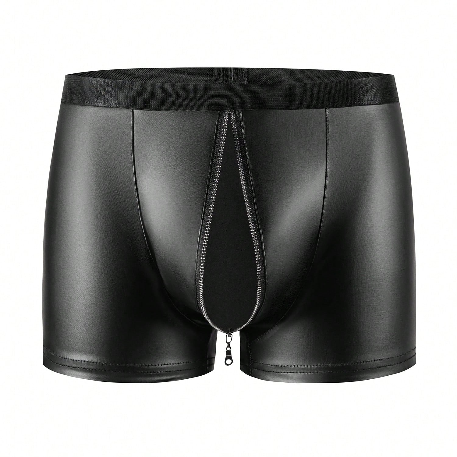 Men's black PU boxer shorts with zipper fly pouch and slight stretch, non-sheer underwear for parties and festival wear