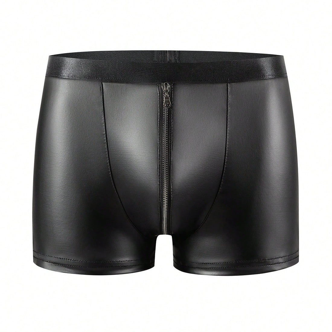 Men's black PU boxer shorts with zipper fly pouch and slight stretch, non-sheer underwear for parties and festival wear