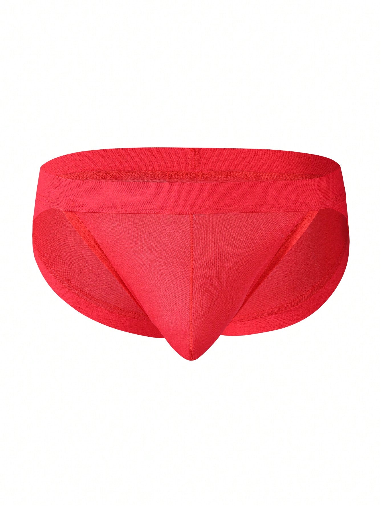 Men's red low-rise thong with lace panel, cut-out detail, and colorblock design