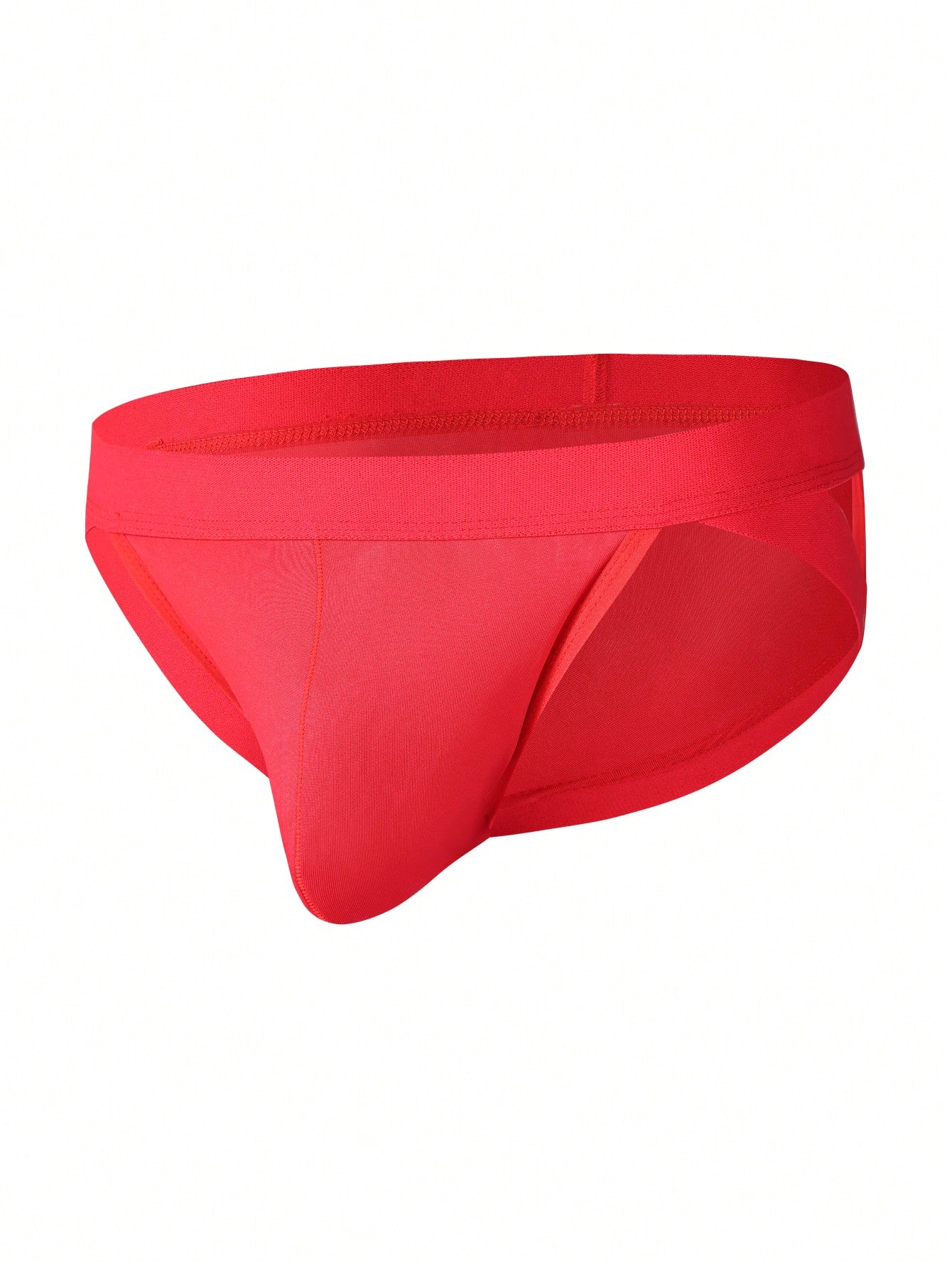 Men's red low-rise thong with lace panel, cut-out detail, and colorblock design