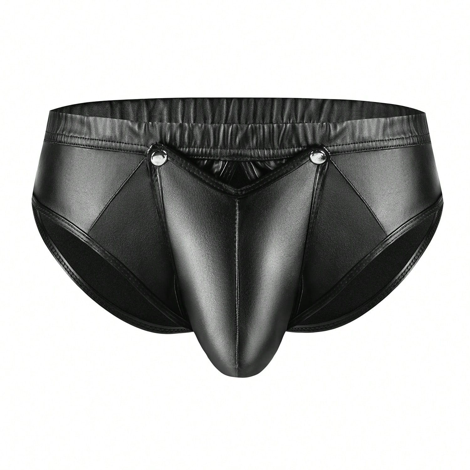 Men's black shiny metallic faux leather straight leg pants with zipper crotch, suitable for party and performance wear