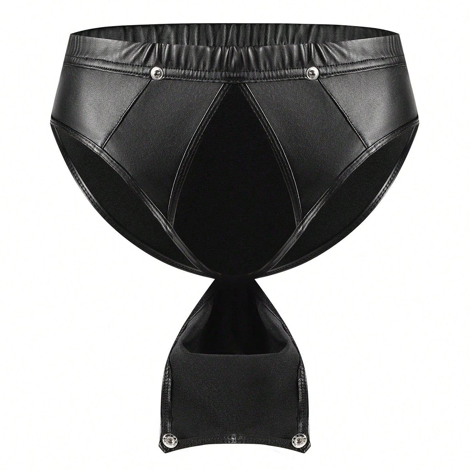 Men's black shiny metallic faux leather straight leg pants with zipper crotch, suitable for party and performance wear