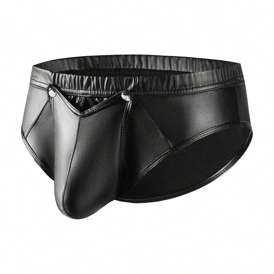 Men's black shiny metallic faux leather straight leg pants with zipper crotch, suitable for party and performance wear