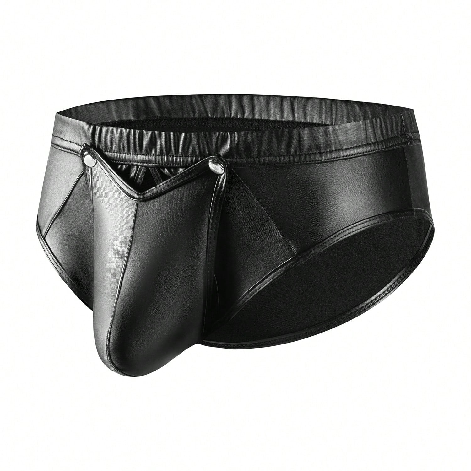 Men's black shiny metallic faux leather straight leg pants with zipper crotch, suitable for party and performance wear