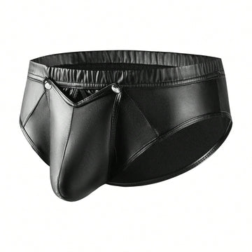 Men's black shiny metallic faux leather straight leg pants with zipper crotch, suitable for party and performance wear