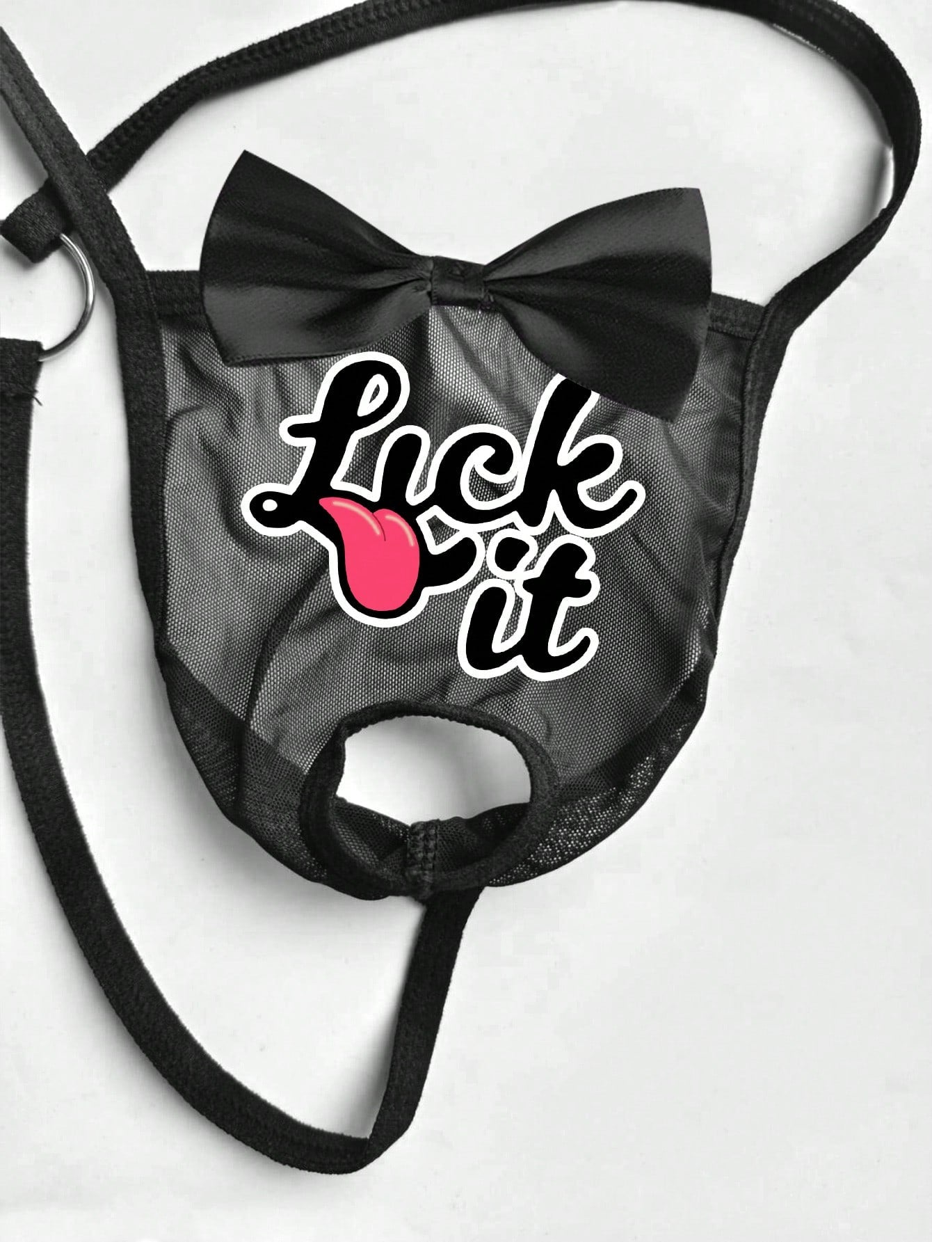 Men's black semi-sheer mesh low-rise thong with letter and emoticon graphics and round metal ring decor