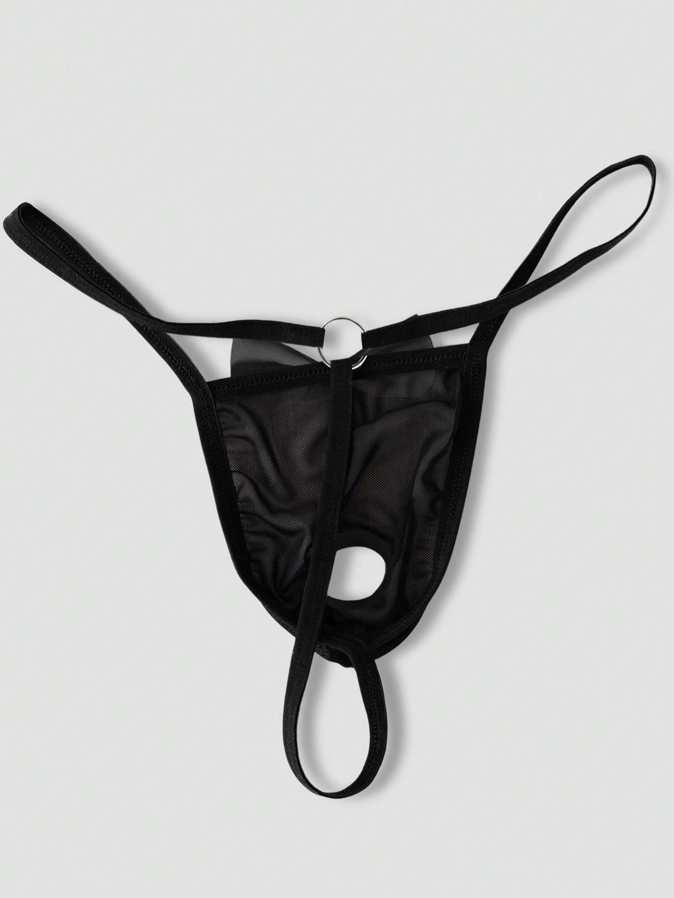 Men's black semi-sheer mesh low-rise thong with letter and emoticon graphics and round metal ring decor