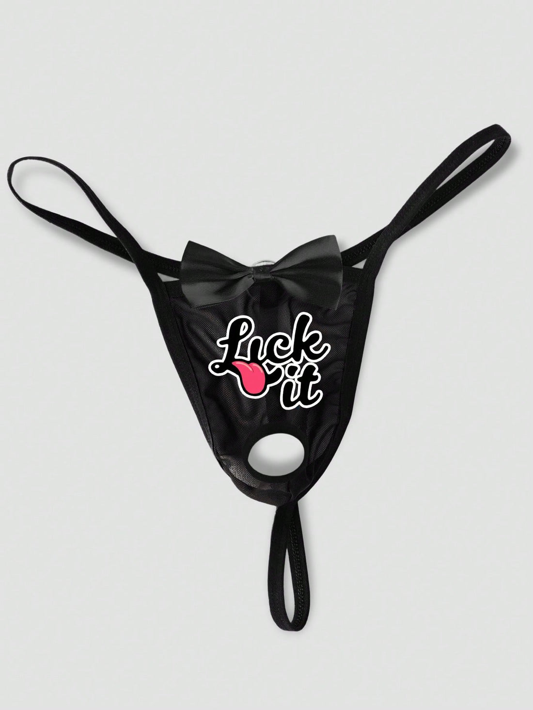 Men's black semi-sheer mesh low-rise thong with letter and emoticon graphics and round metal ring decor