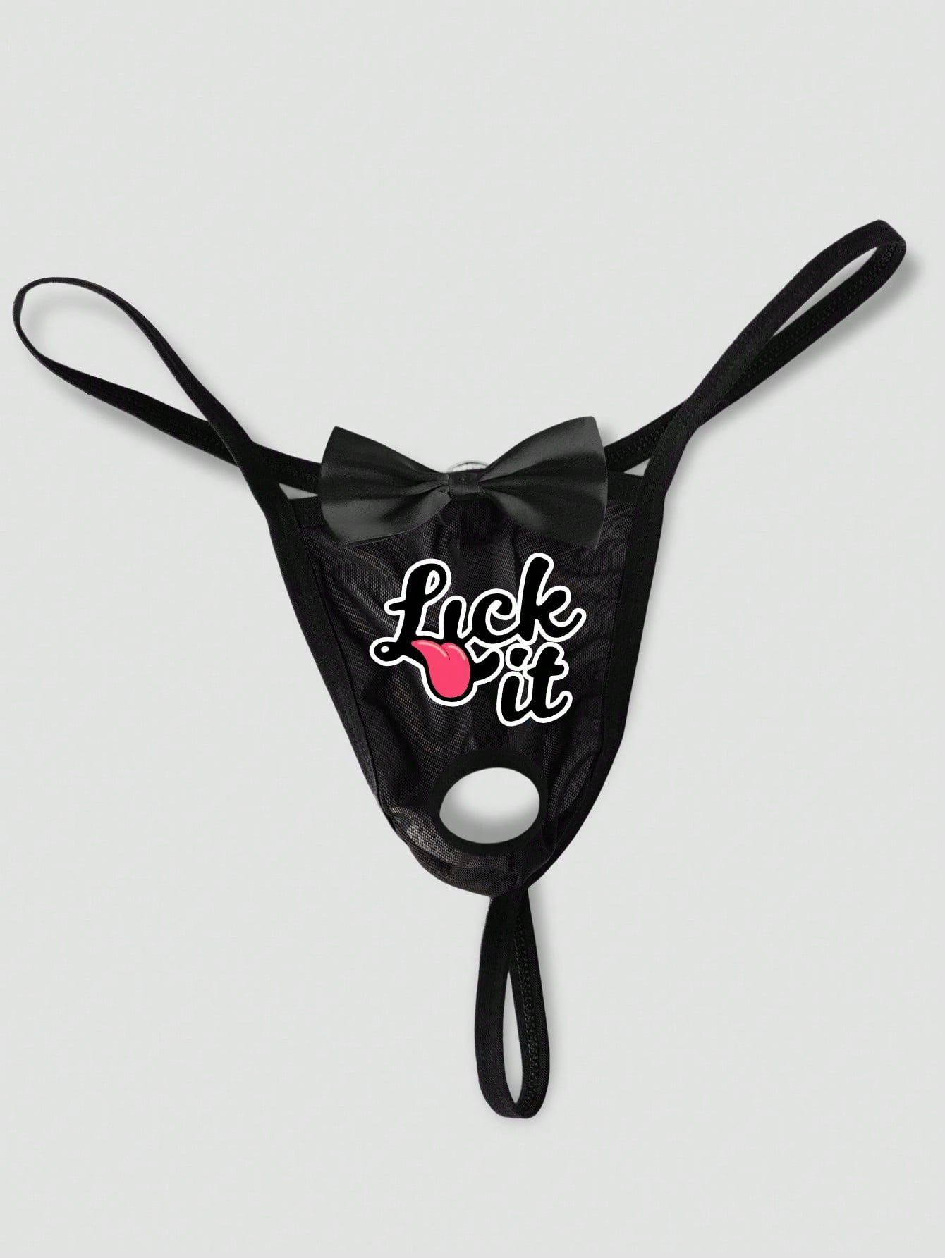 Men's black semi-sheer mesh low-rise thong with letter and emoticon graphics and round metal ring decor
