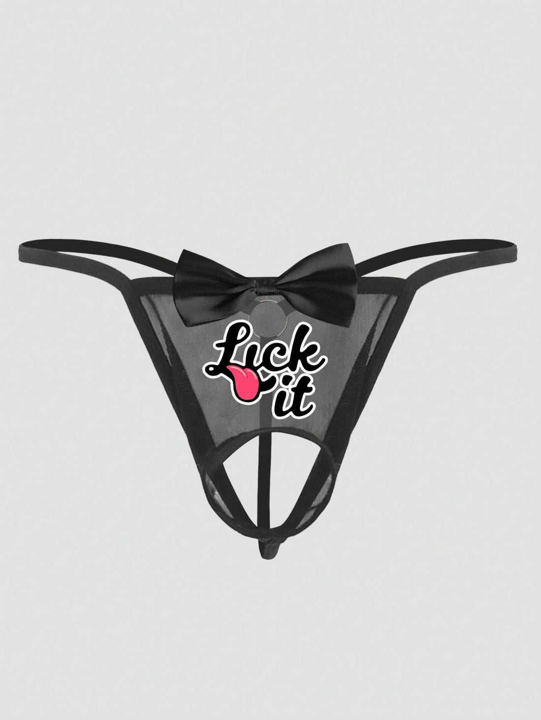 Men's black semi-sheer mesh low-rise thong with letter and emoticon graphics and round metal ring decor