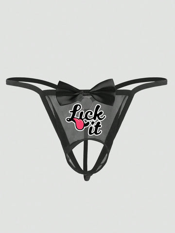 Men's black semi-sheer mesh low-rise thong with letter and emoticon graphics and round metal ring decor