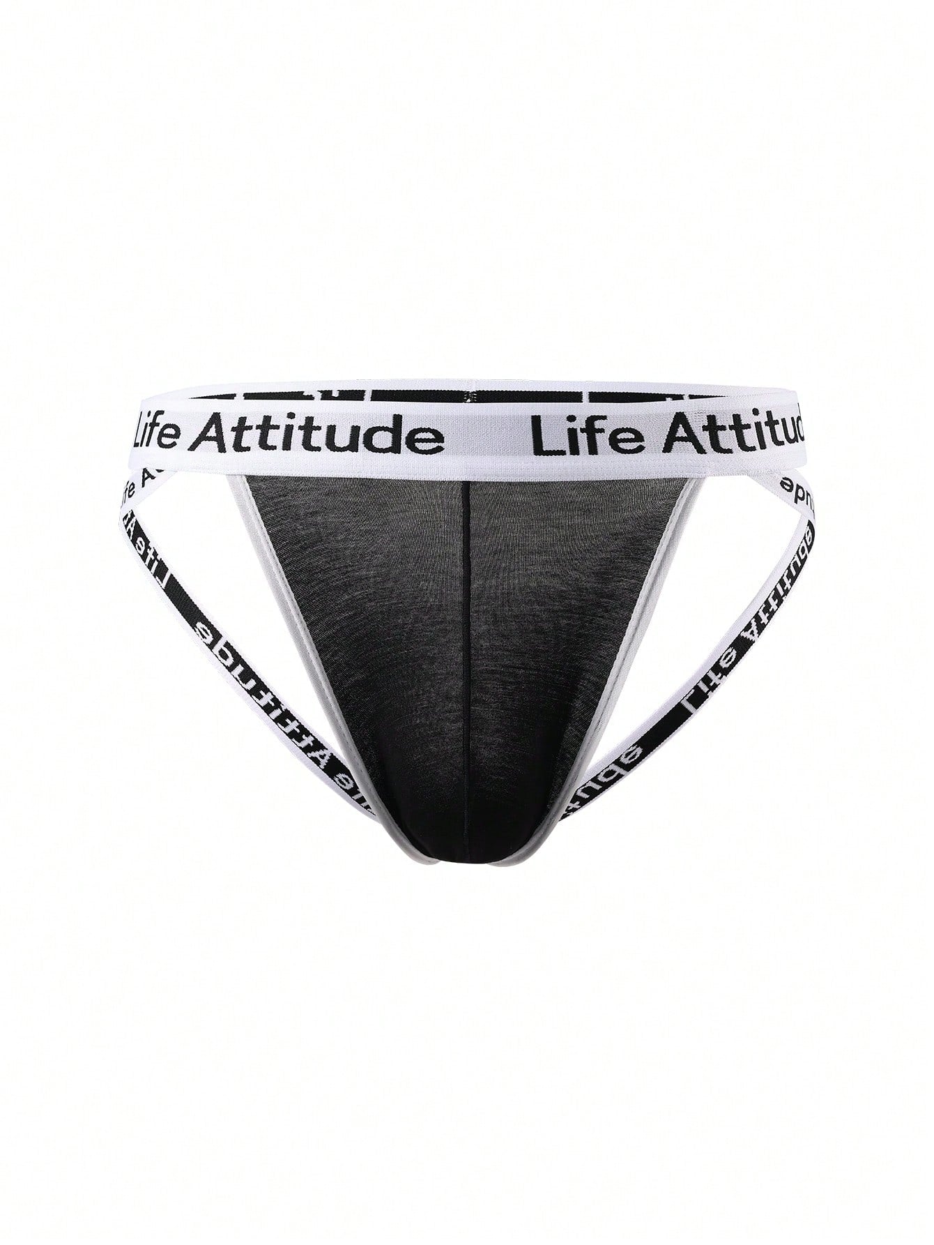 Men's black low-rise thong with letter print, hollow out tape design, and medium-stretch knitted fabric.