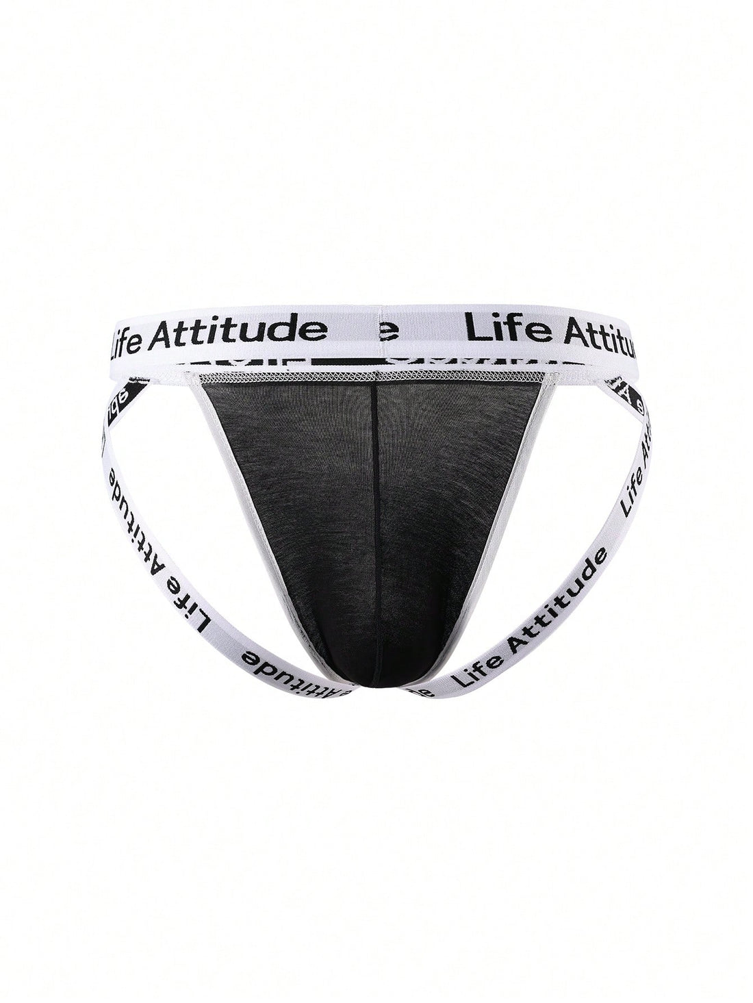 Men's black low-rise thong with letter print, hollow out tape design, and medium-stretch knitted fabric.