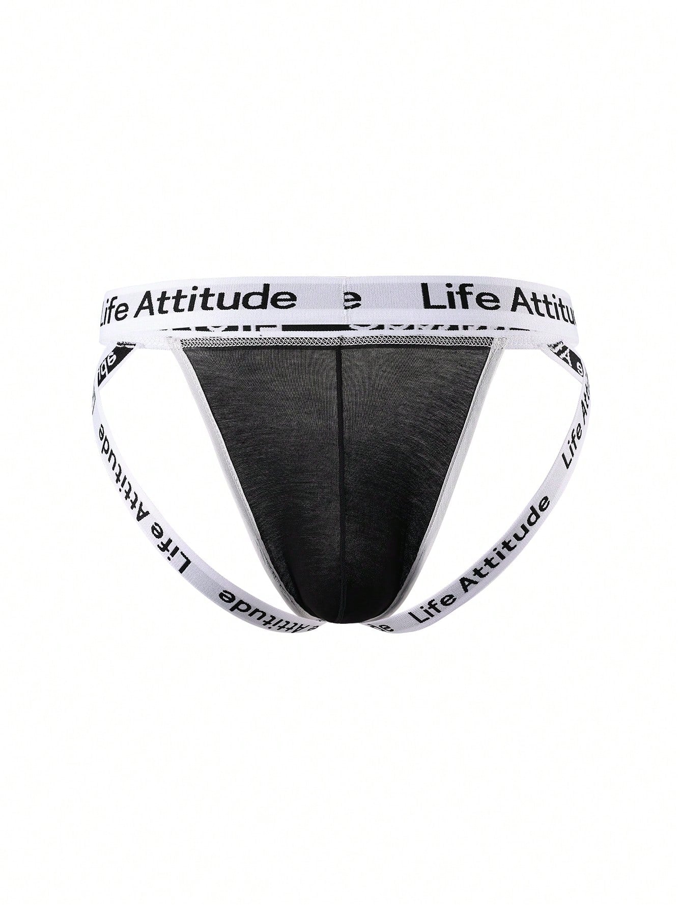 Men's black low-rise thong with letter print, hollow out tape design, and medium-stretch knitted fabric.