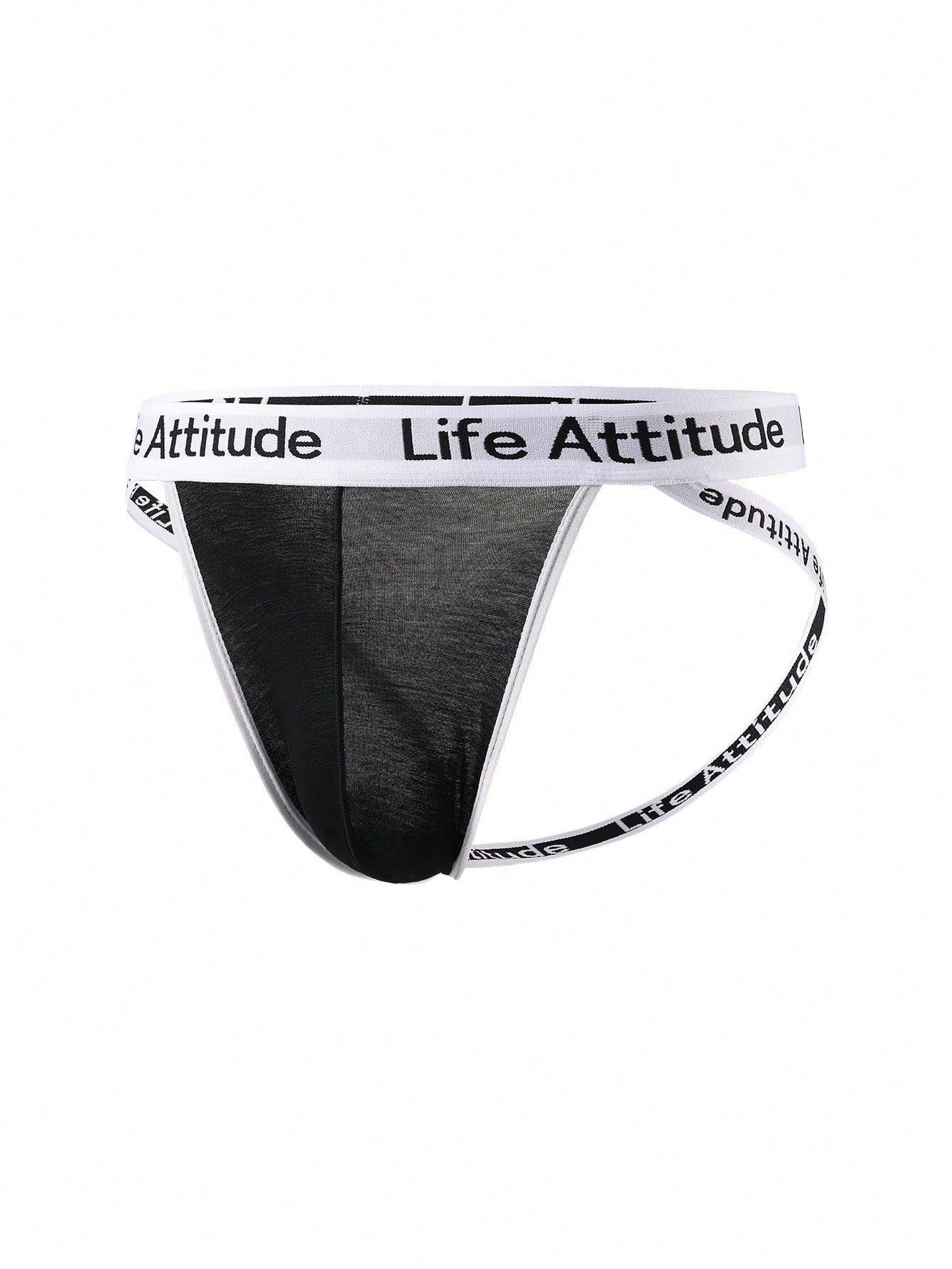 Men's black low-rise thong with letter print, hollow out tape design, and medium-stretch knitted fabric.