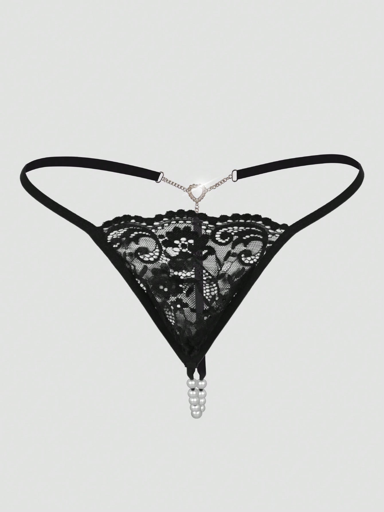 Men's Black Lace Sheer Pearl Decor Sexy G-String Briefs